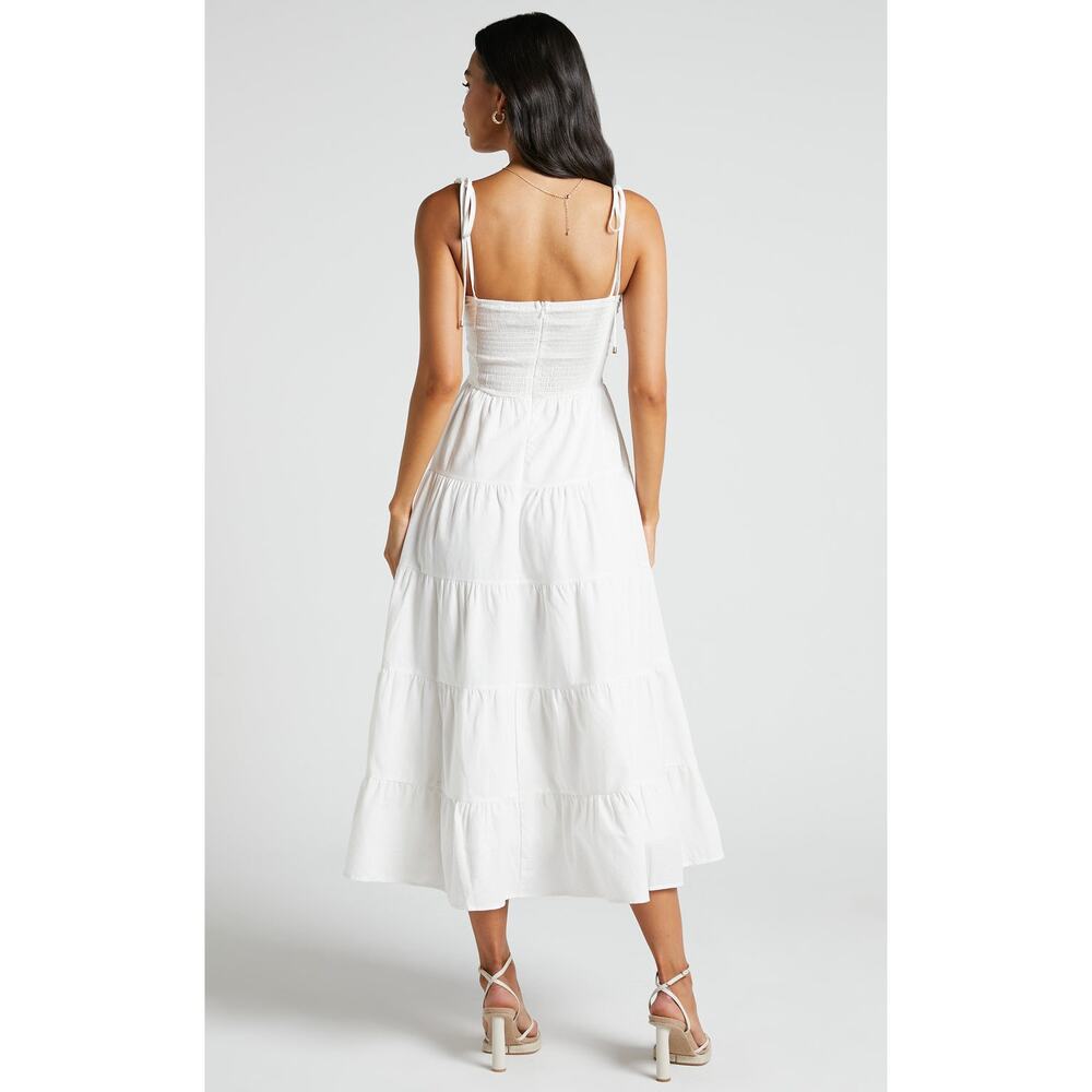 New Showpo Leticia Midi Dress Twist Front Tie Strap Tiered Dress Size Medium - Picture 5 of 12